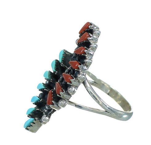 Turquoise And Coral Southwestern Silver Needlepoint Ring Size 6-3/4 AX81831